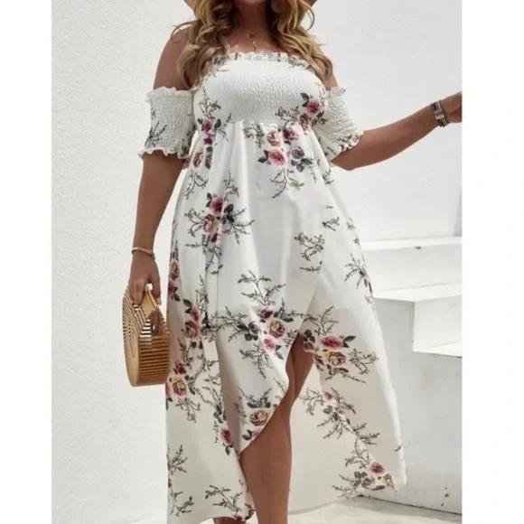 Boho Plus Floral Print Off Shoulder Cottagecore Dress - Picture 3 of 14